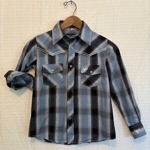 Boys Cowboy Hardware Pearl Snap Plaid Western Shirt Size S/6, Blue/Black/White